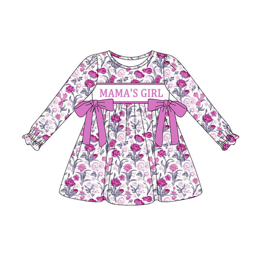 Preorder(moq 8)Baby Girls Hot Pink Flowers Bows Mama's Girl Knee Length Dresses