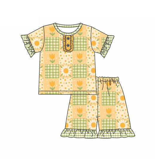 Preorder (moq 5)Baby Girls Short Ruffle Sleeves Button Daisy Flowers Plaid Top Short Pajamas Set