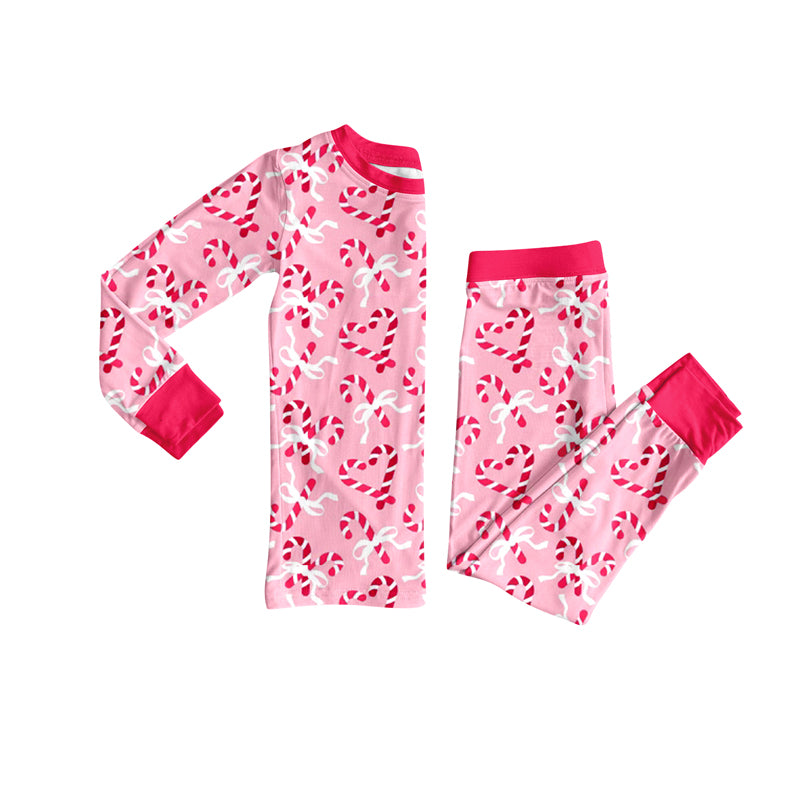 Preorder (moq 5)Baby Girls Pink Long Sleeves Bows Candy Cane Top Bell Bottom Pants Set