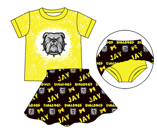 Baby Girls Dog Yellow Bulldog Team Tunic Top Bummie Skirt Clothes Sets split order preorder May 20th