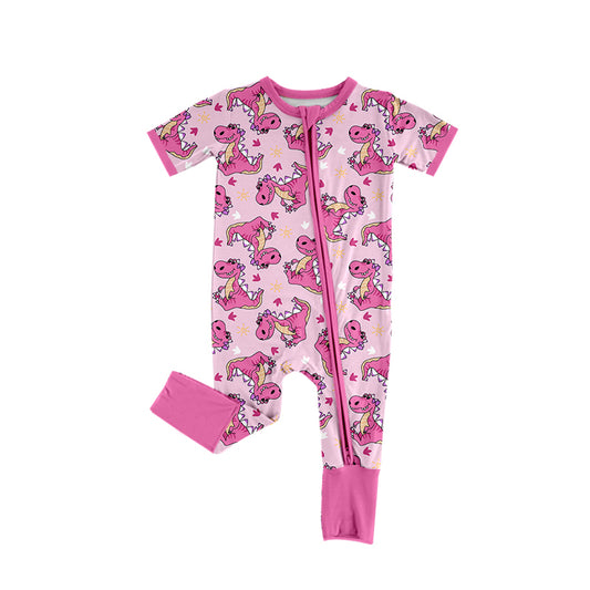 Preorder (moq 5)Baby Girls Pink Short Sleeves Dinosaurs Zipper Rompers