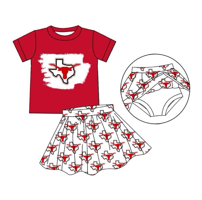 Split Preorder July 20th Baby Girls Red Short Sleeves Bull Skull Top Plaid Skorts Team Set