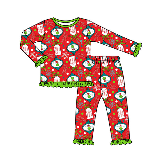 Preorder (moq 5)Baby Girls Long Ruffle Sleeves Cartoon Face Plaid Top Pants Pajamas Set