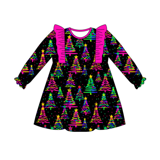 Preorder (moq 5)Baby Girls Long Ruffle Sleeves Colorful Trees Stars Plaid Knee Length Dress