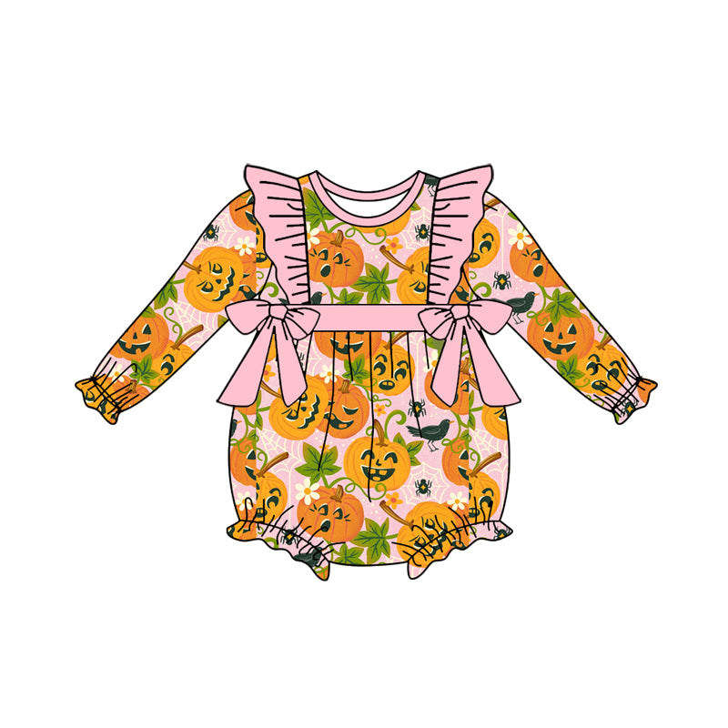 Preorder (moq 5)Baby Girls Long Sleeves Ghost Pumpkins Floral Bows Ruffle Romper