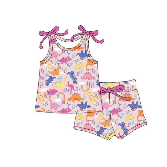 Preorder moq 5 Baby Girls Bows Sleeveless Dinosaurs Rainbow Top Short Set