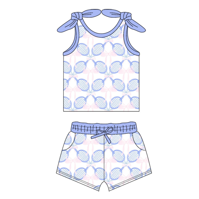 Preorder (moq 5)Baby Girls Blue Tennis Bows Shirt Top Shorts Clothes Sets