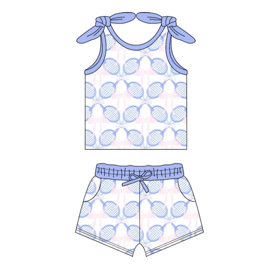 Preorder (moq 5)Baby Girls Blue Tennis Bows Shirt Top Shorts Clothes Sets