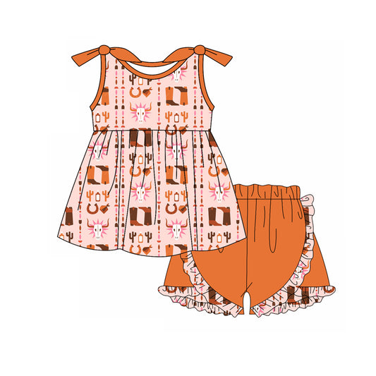 Preorder (moq 5)Baby Girls Western Boots Cow Tunic Top Shorts Clothes Sets
