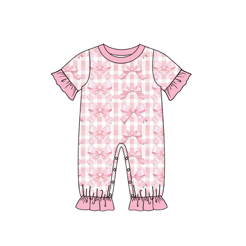 Preorder (moq 5) Baby Girl Clothes Pink Gingham Bow Mixed Print Short Sleeve Ruffle Romper
