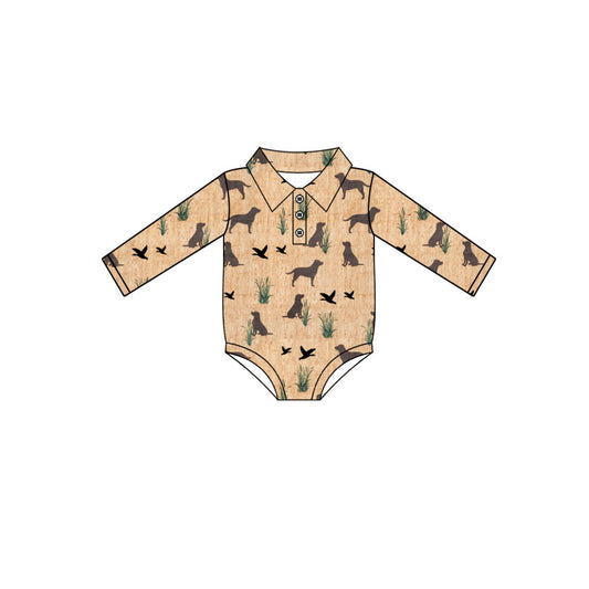 Preorder (moq 5)Baby Boys Long Sleeve Dogs Ducks Hunting Button Rompers