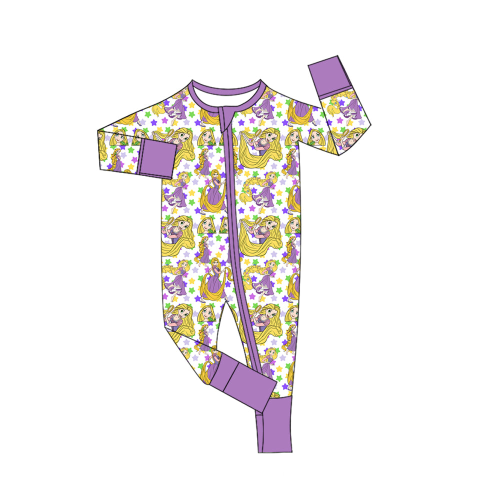 Preorder (moq 5)Baby Girls Mardigras Stars Cartoon Princess Zipper Footie Rompers