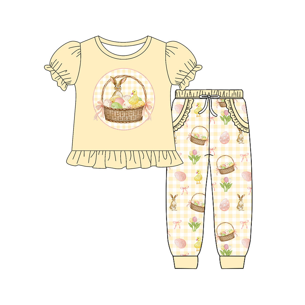 Preorder (moq 5) Baby Girls Eggs Rabbits Ruffle Top Pockets Jogger Easter Clothes Set