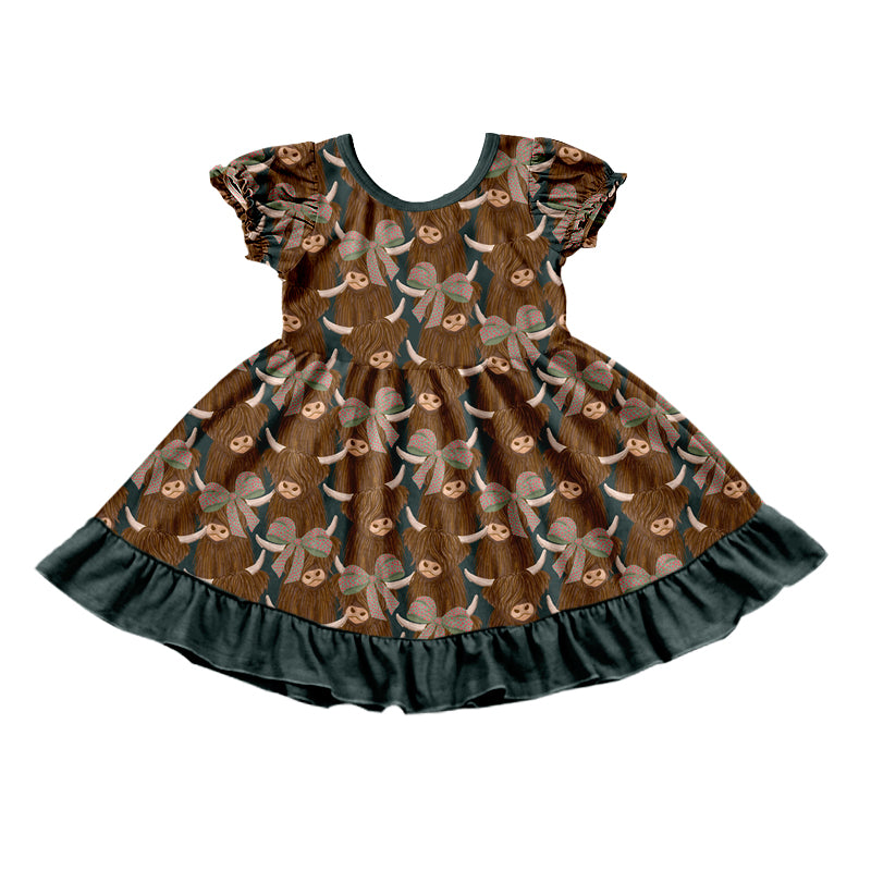 Preorder (moq 5)Baby Girls Highland Cows Bows Checked Western Ruffle Knee Length Dress