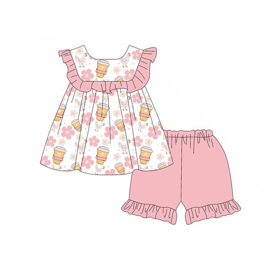 Preorder moq 5 Baby Girls Pink Sleeveless Flowers Chicks Tunic Ruffle Short Set