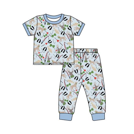 Preorder (moq 5)Baby Boys Short Sleeves Blue Plaid Fishing Top Pant Pajamas Set