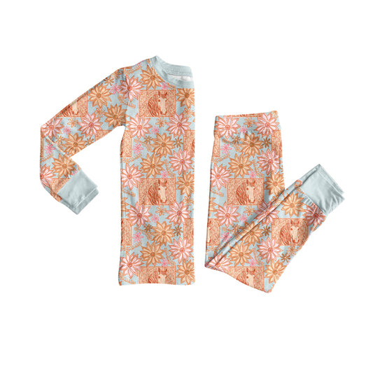 Preorder (moq 5)Baby Girls Daisy Flowers Horses Checked Top Pants Western Pajamas Sets