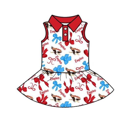 Split Preorder July 20th Baby Girls Red Sleeveless Eagles Bows Plaid Button Team Knee Length Dress
