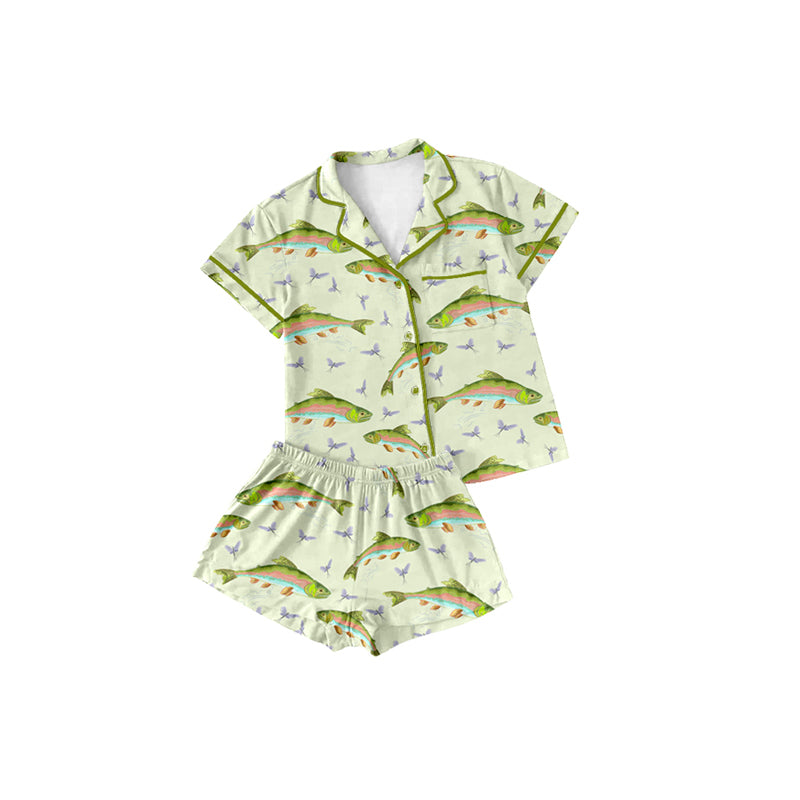 Preorder (moq 5)Baby Girls Aqua Fishes Buttons Pocket Top Shorts Pajamas Sets