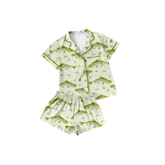 Preorder (moq 5)Baby Girls Aqua Fishes Buttons Pocket Top Shorts Pajamas Sets