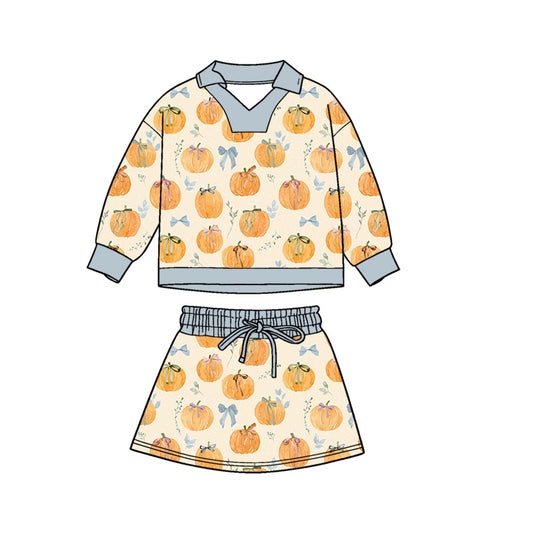 Preorder moq 5 Baby Girls Long Sleeve Flowers Pumpkins Top Skirt Short Fall Clothes Set