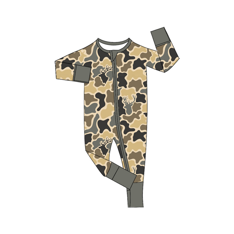 Preorder (moq 5) Baby Boy Clothes Earth Tone Camo Deer Head Silhouette Print Zipper Footed Romper
