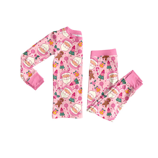 Preorder (moq 5)Baby Girls Pink Long Sleeves Santa Gingerbread Top Pant Pajamas Sets