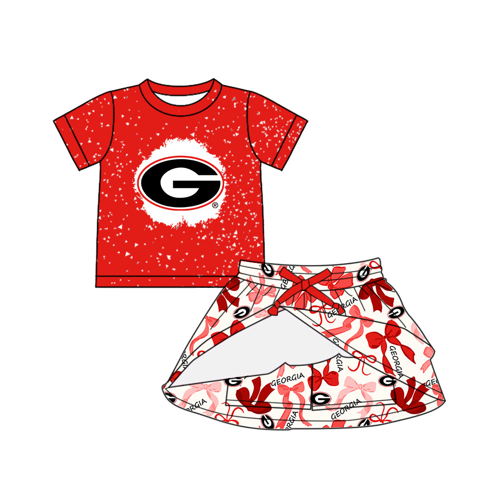 Preorder (moq 5)Baby Girls Red Short Sleeves G Top Georgia Bows Plaid Skorts Team Set