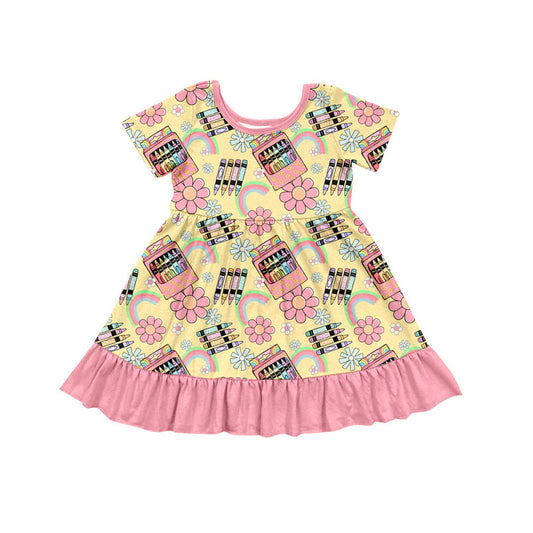 Preorder (moq 5)Baby Girls Pencils Flowers Back to School Ruffle Knee Length Dresses