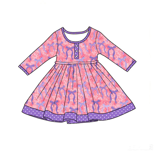 Preorder (moq 5)Baby Girls Long Sleeve Flowers Bows Button Ruffle Knee Length Dress