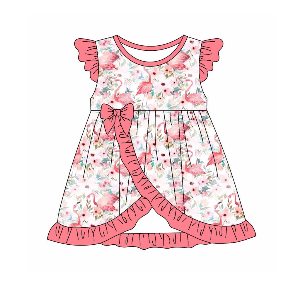 Preorder (moq 5)Baby Girls Pink Flamingo Flowers Ruffles Knee Length Dresses