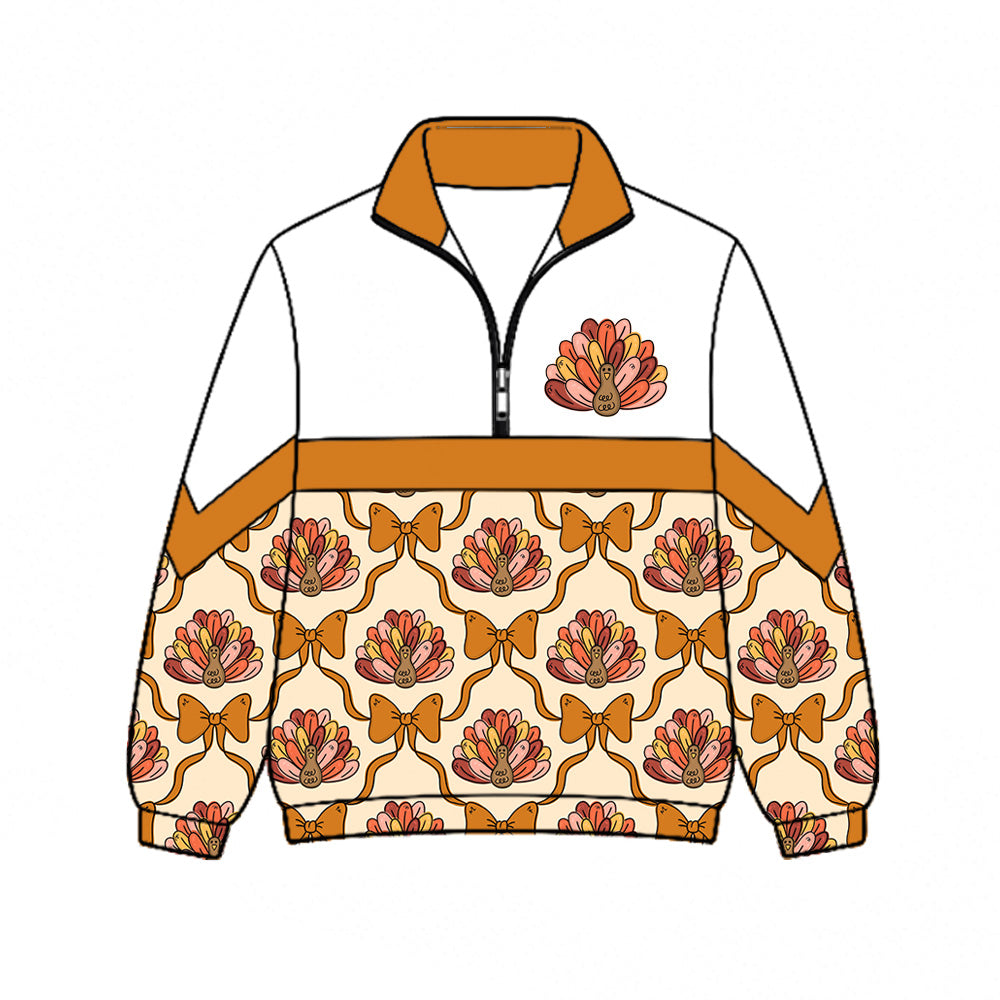 Preorder (moq 5)Baby Girls Turkey Bows Checked Thanksgiving Zip Pullovers Top