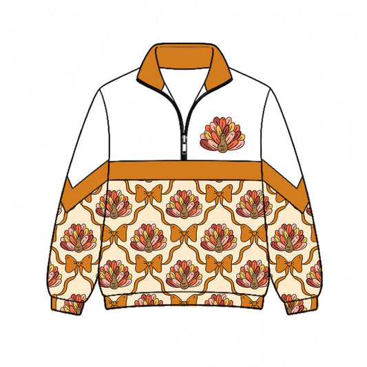 Preorder (moq 5)Baby Girls Turkey Bows Checked Thanksgiving Zip Pullovers Top