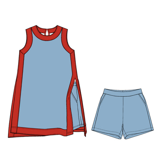 Preorder (moq 5)Adult Women Red Blue Split Skirt Pockets Short Clothes Sets