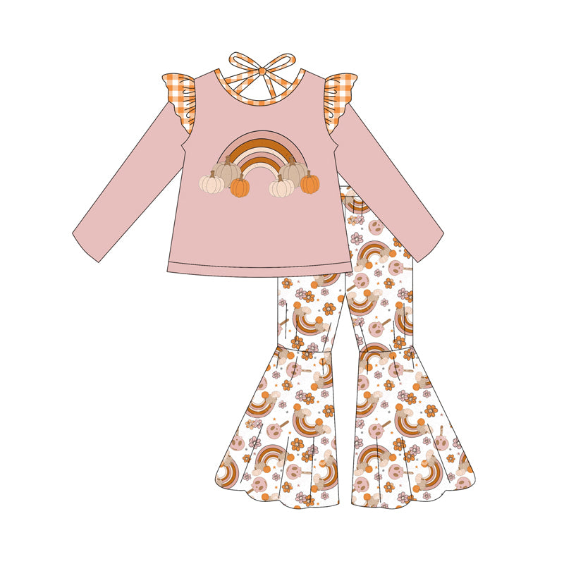 Preorder (moq 5)Baby Girls Pink Long Sleeves Pumpkins Rainbows Top Bell Bottom Pant Clothes Set