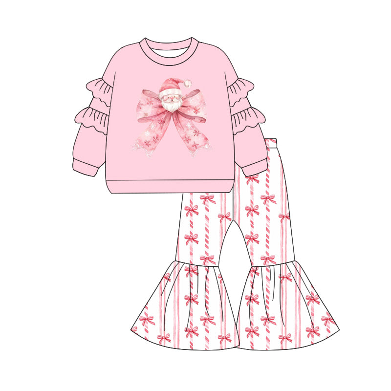Preorder (moq 5)Baby Girls Pink Long Sleeves Santa Bow Top Stripes Bell Bottom Pant Sets