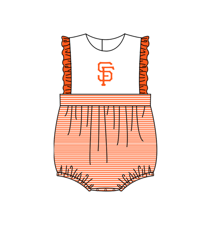 Preorder (moq 5)Baby Girls Sleeveless Orange Stripe SF Team Ruffle Rompers