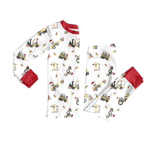 Preorder (moq 20)Baby Girls Bamboo Trees Excavators Christmas Pajamas Sets