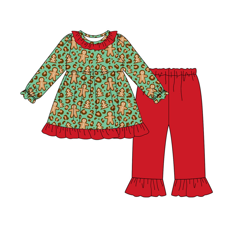 Preorder (moq 5)Baby Girls Green Leopard Gingerbread Tunic Ruffle Pants Christmas Set