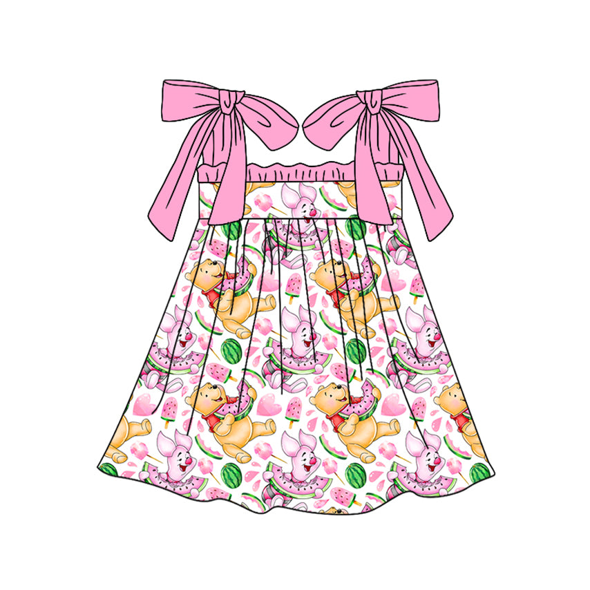 Preorder (moq 5)Baby Girls Bear Watermelon Straps Knee Length Dresses