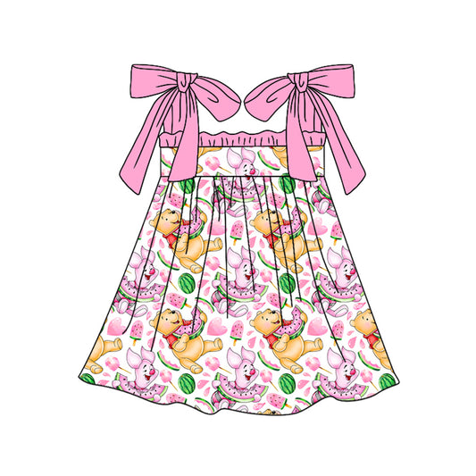 Preorder (moq 5)Baby Girls Bear Watermelon Straps Knee Length Dresses