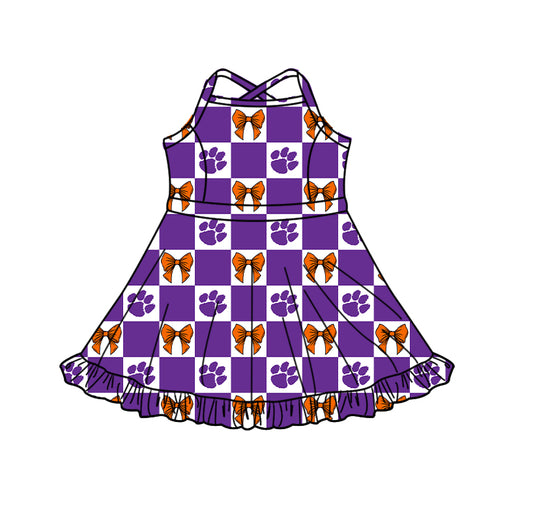 Preorder (moq 5) Baby Girls Strap Bows Clemson Checked Team Short Knee Length Dress