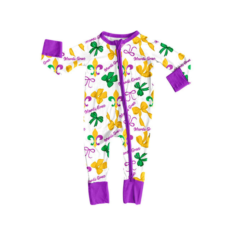 Preorder(moq 8)Baby Girls Mardigras Bows Anchors Zipper Footie Rompers