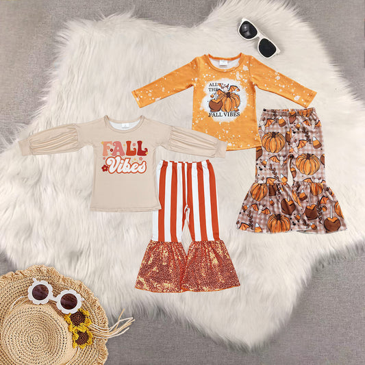 Sibling Baby Girls Fall Yellow Long Sleeves Pumpkin Top Bell Pants Clothes Sets