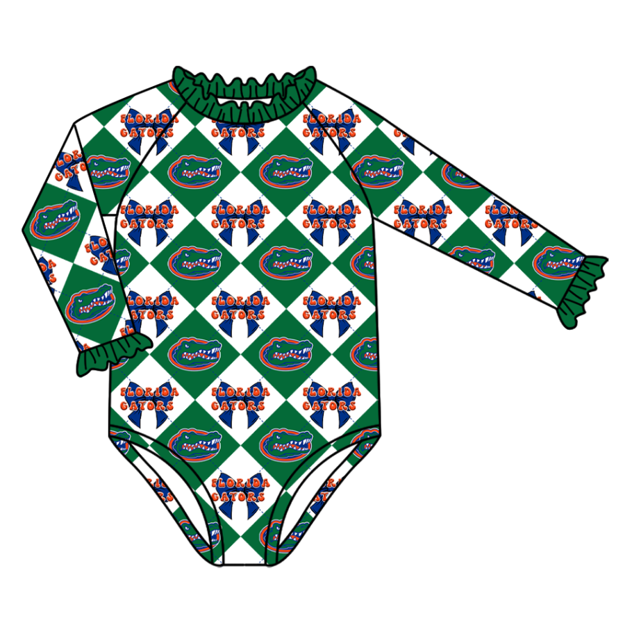 Preorder (moq 5)Baby Girls Long Sleeve Team Bows Checked One Piece Swimsuits