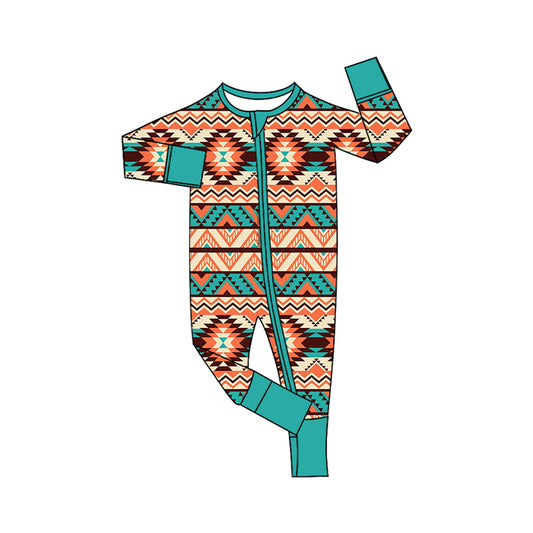 Preorder (moq 20)Baby Boys Bamboo Aztec Western Two Way Zip Convertible Rompers