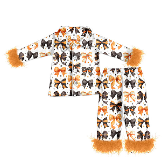 preorder(MOQ 5)Baby Girls Halloween Black Orange Bows Fur Top Pants Pajamas