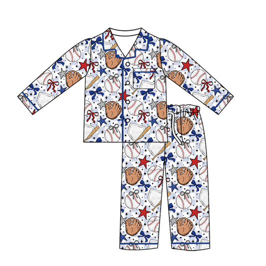 Preorder (moq 5)Baby Girls Bow Star Baseballs Button Pocket Top Pant Team Pajamas Sets
