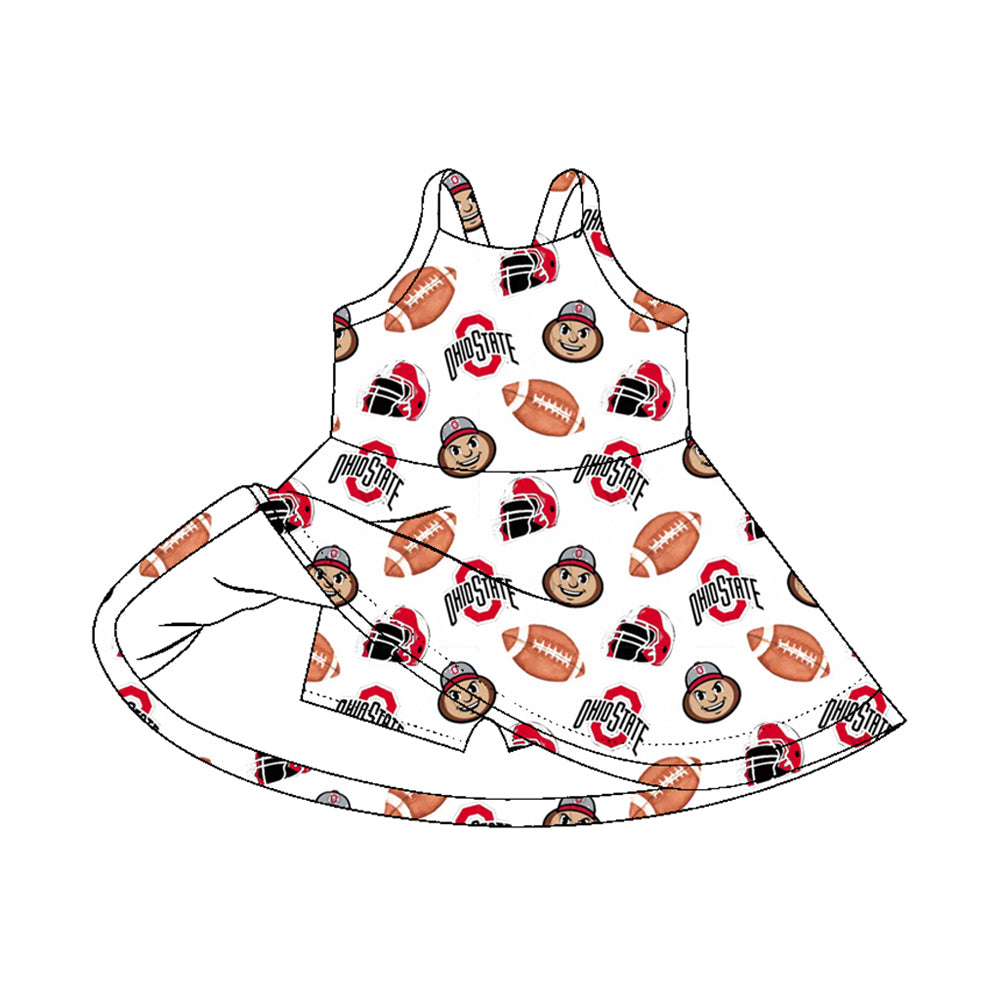 Preorder (moq 5)Baby Girls Strap Footballs Ohio State Team Shorts Knee Length Dresses