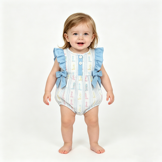 Baby Girls Sleeveless Colorful Boots Stripe Western Button Ruffle Rompers